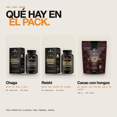 Qué hay en el pack: Reishi puro en cápsulas, Cacao con hongos y Chaga puro en cápsulas