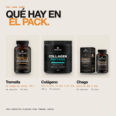 Qué hay en el pack: Tremella pura en cápsulas, Colágeno COLLInstant® y Chaga puro en cápsulas