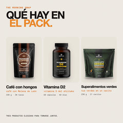 Qué hay en el pack: Café con hongos — Melena de León, Superalimentos verdes completos y Vitamina D2 de shiitake 2000 UI