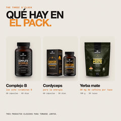 Qué hay en el pack: Cordyceps puro en cápsulas, Yerba mate con hongos y Complejo B completo
