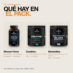 Qué hay en el pack: Shroom Force (preentreno), Creatine+ y Electrolitos