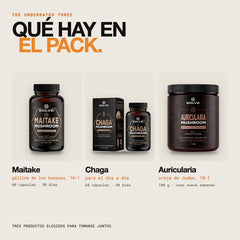 Qué hay en el pack: Maitake puro en cápsulas, Auricularia pura en polvo y Chaga puro en cápsulas