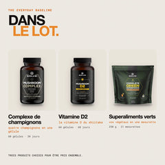 Contenu du lot : Complexe de champignons – gélules, Vitamine D2 de shiitake 2000 UI et Superaliments verts complets