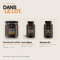 Contenu du lot : Gummies aux champignons pour enfants, Lion’s Mane pur – gélules et Vitamine D2 de shiitake 2000 UI