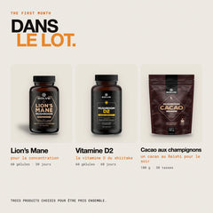 Contenu du lot : Lion’s Mane pur – gélules, Vitamine D2 de shiitake 2000 UI et Cacao aux champignons