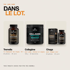 Contenu du lot : Tremella pure – gélules, Collagène COLLInstant® et Chaga pur – gélules