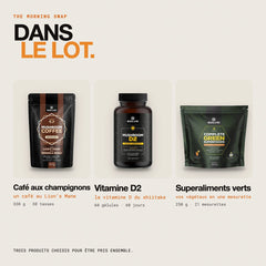 Contenu du lot : Café aux champignons – Lion’s Mane, Superaliments verts complets et Vitamine D2 de shiitake 2000 UI