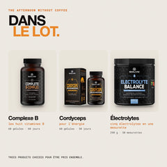 Contenu du lot : Cordyceps pur – gélules, Complexe B complet et Électrolytes