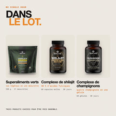Contenu du lot : Complexe de champignons – gélules, Complexe de shilajit et Superaliments verts complets