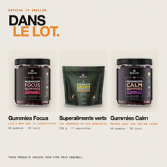 Contenu du lot : Gummies Focus au Lion’s Mane, Gummies Calm au Reishi et Superaliments verts complets
