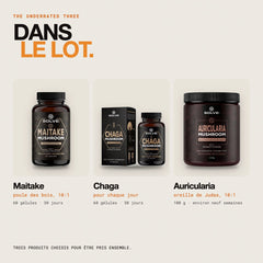Contenu du lot : Maitake pur – gélules, Auricularia pure – poudre et Chaga pur – gélules