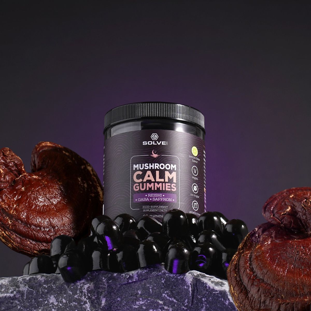 The jar of Solve Labs Mushroom Calm Gummies with reishi mushrooms and gummies on a purple backdrop
