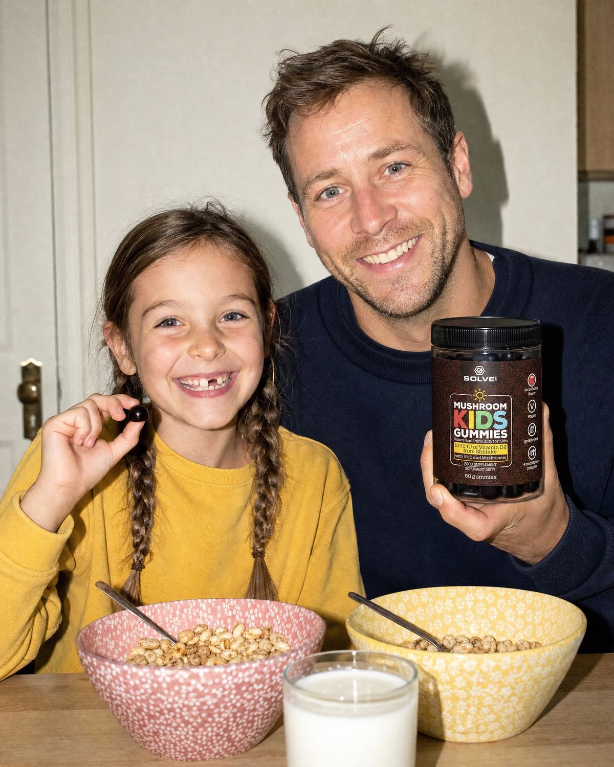 A father and his daughter at breakfast, she holds up a gummy, he holds the jar