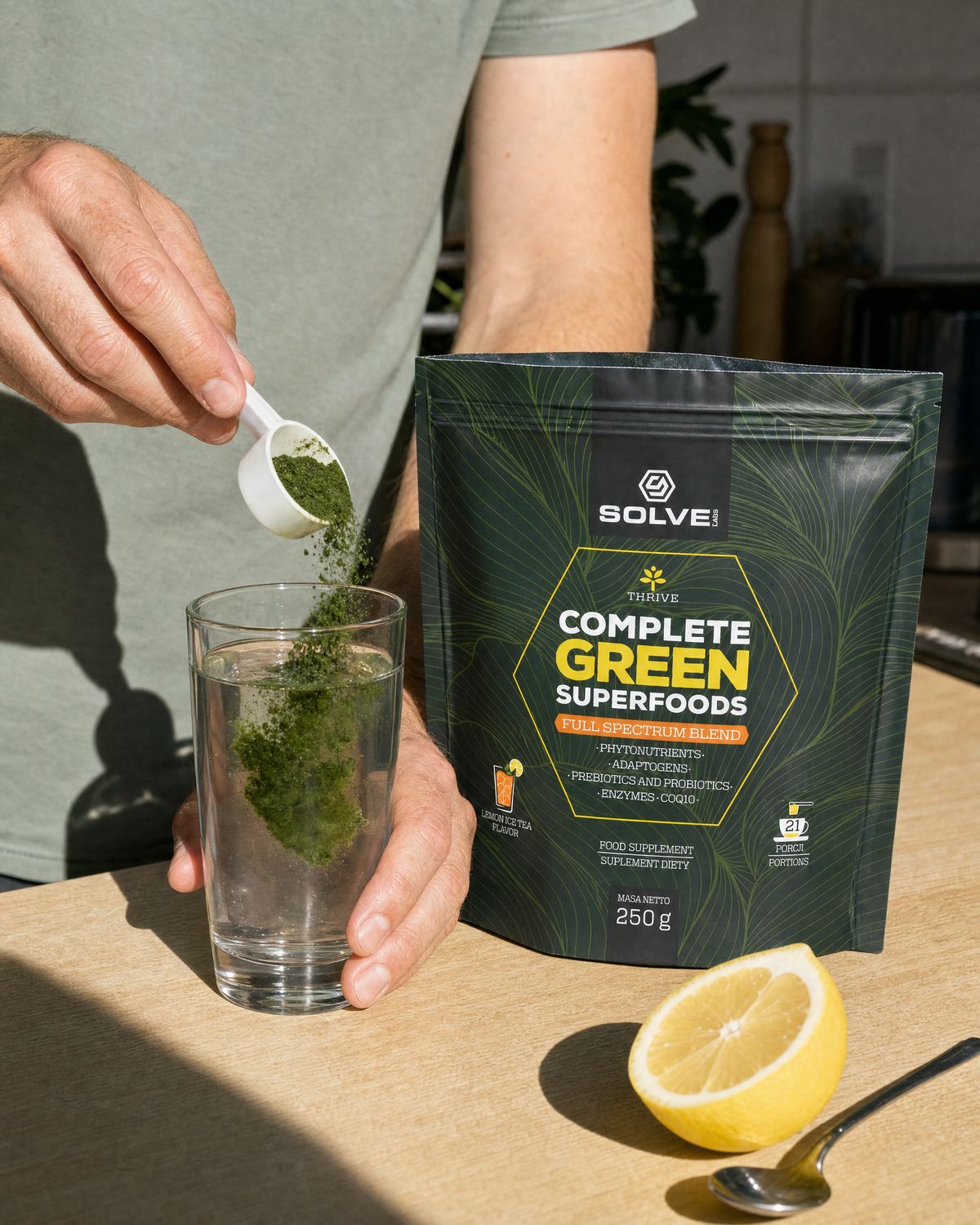 A scoop of green powder falling into a glass of water beside the open pouch