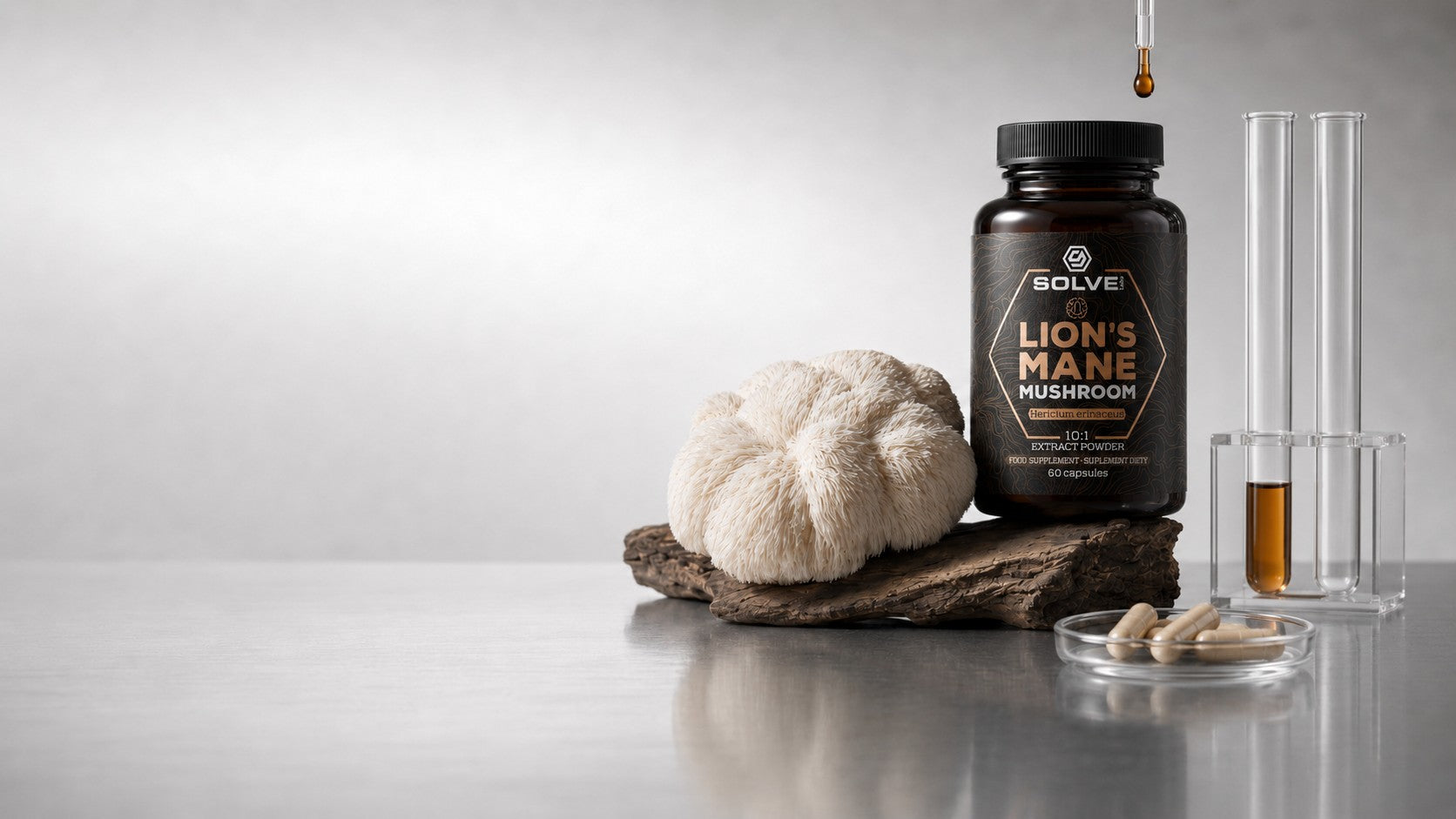 A jar of Solve Labs Lion&rsquo;s Mane beside a Hericium erinaceus specimen on wood, with extract in test tubes and capsules in a dish
