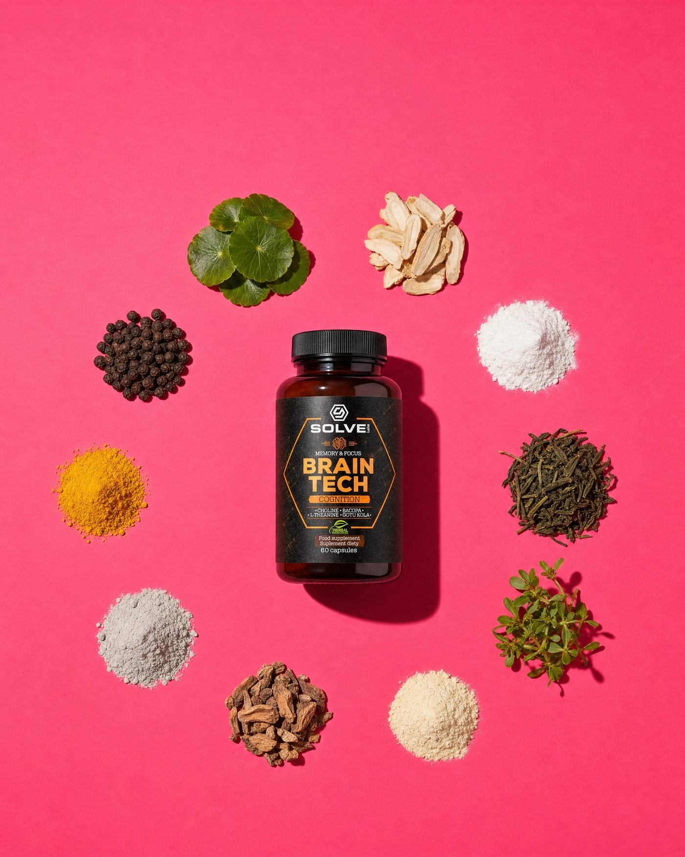 The Solve Labs Brain Tech jar seen from above on a pink ground, ringed by ten small heaps of leaves, roots and powders