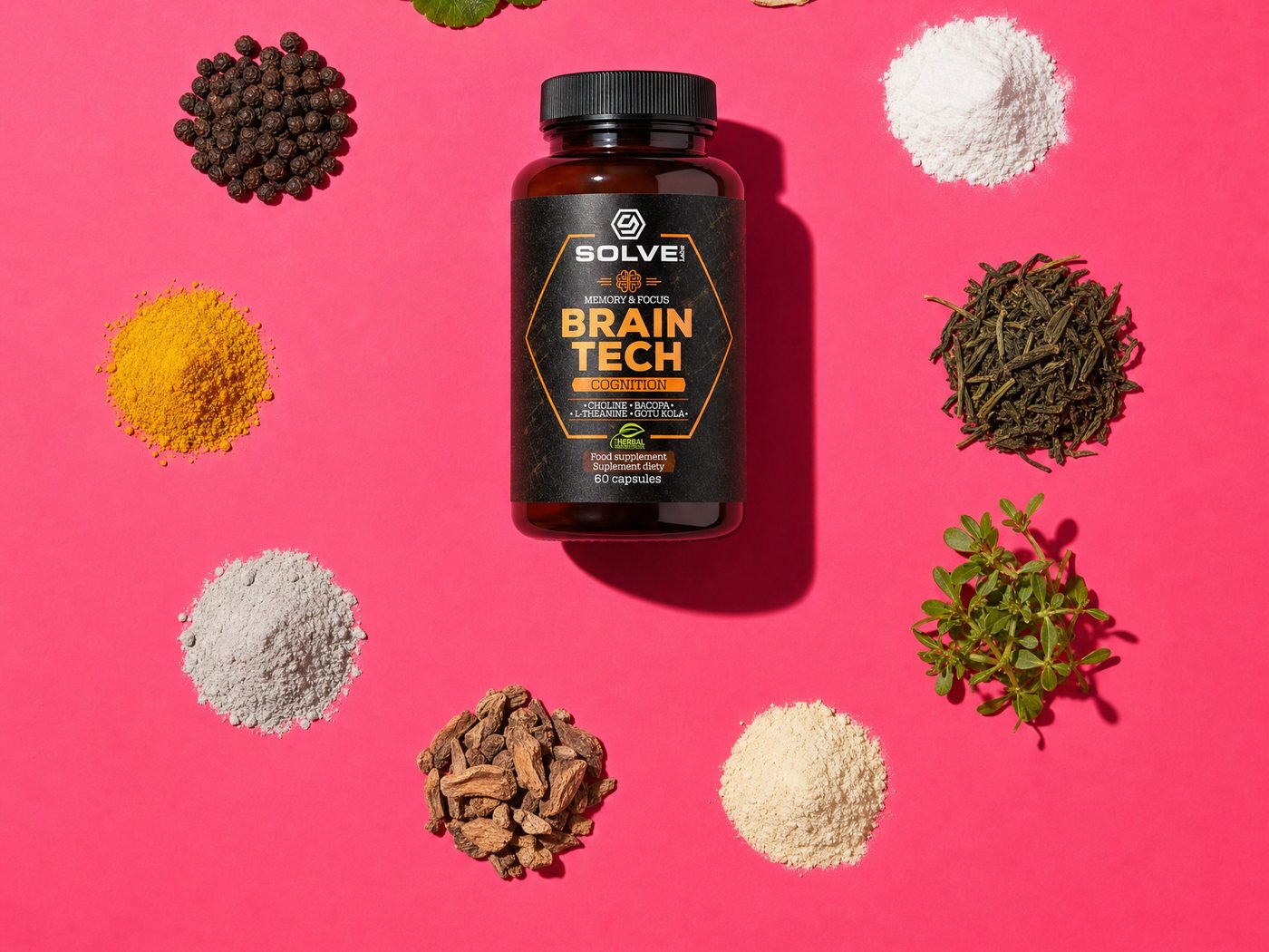The Brain Tech jar seen from above on a pink ground, ringed by ten small heaps of leaves, roots and powders