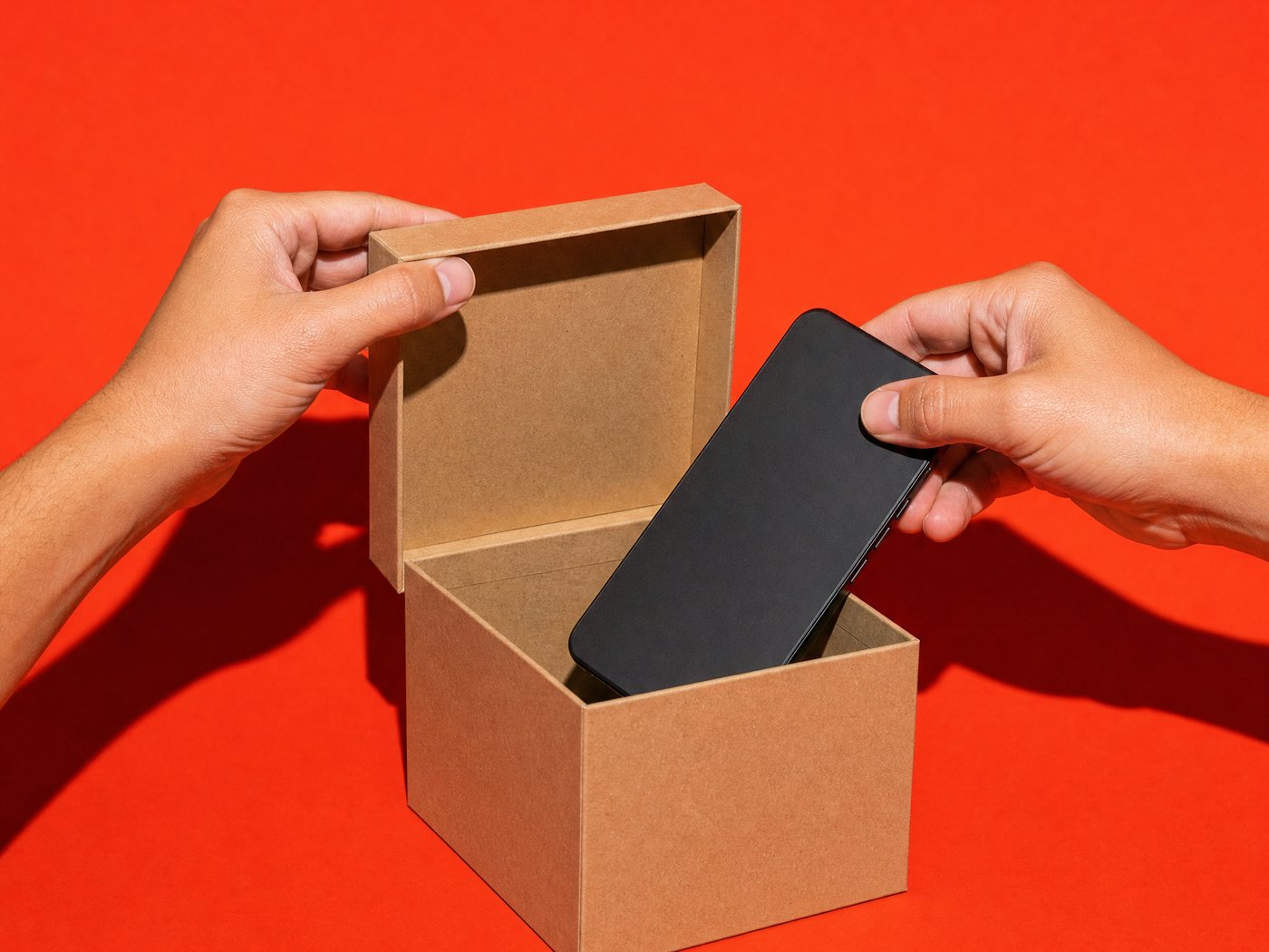 A hand lowering a phone, face down, into a plain cardboard box on a red ground