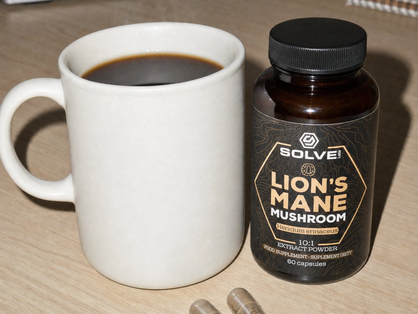 The Lion's Mane jar on a desk beside a mug of coffee and two capsules