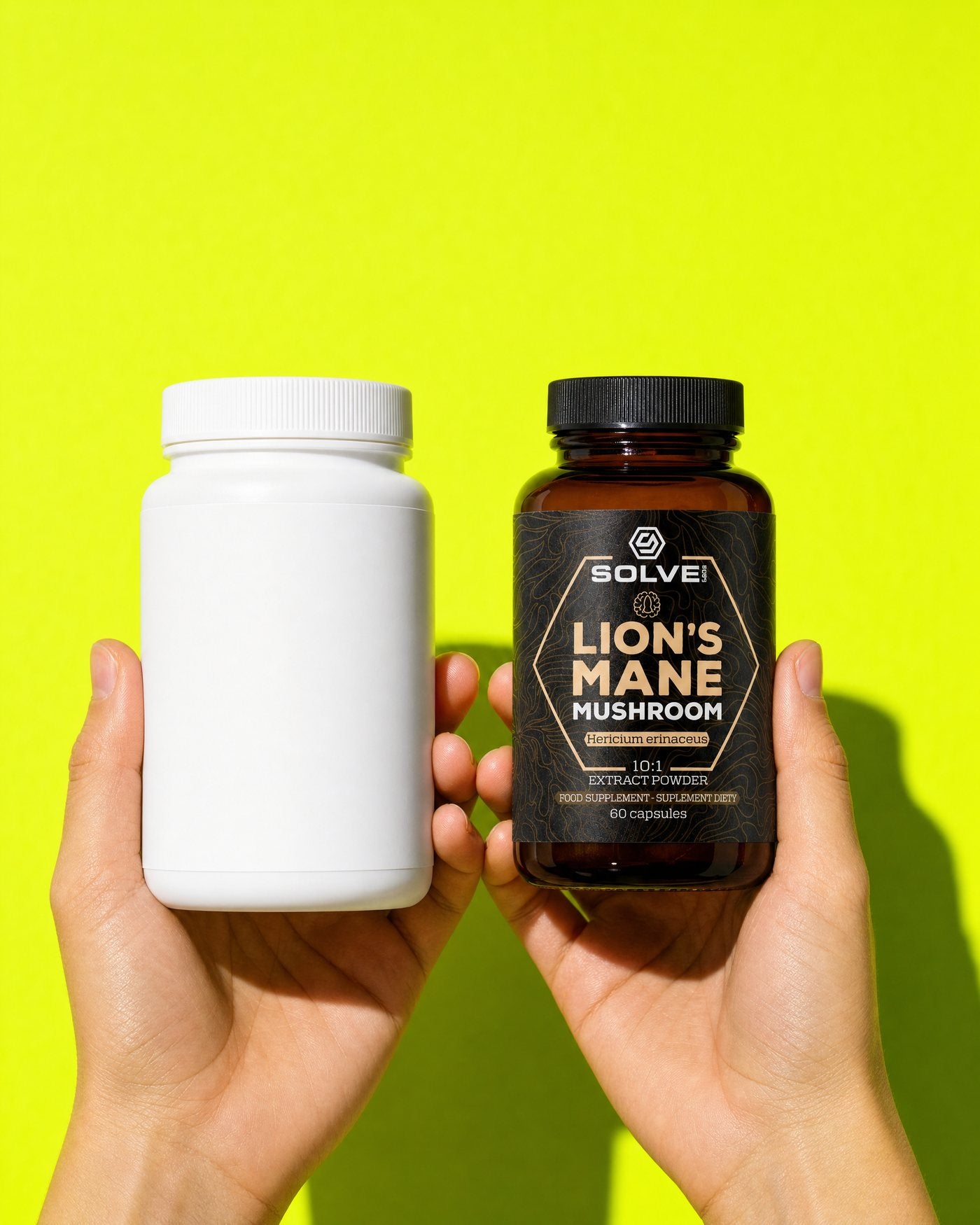 Two hands holding two jars side by side on a lime ground: a plain white tub with a blank label and the Solve Labs Lion's Mane jar