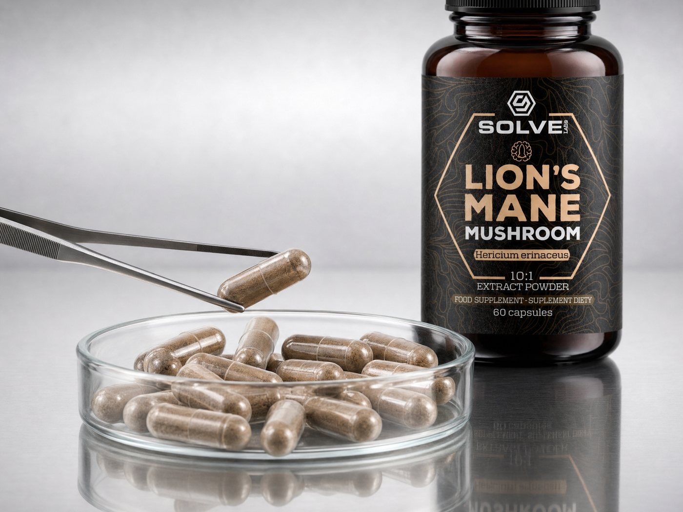 The Lion's Mane jar beside a glass dish of capsules on a lab bench