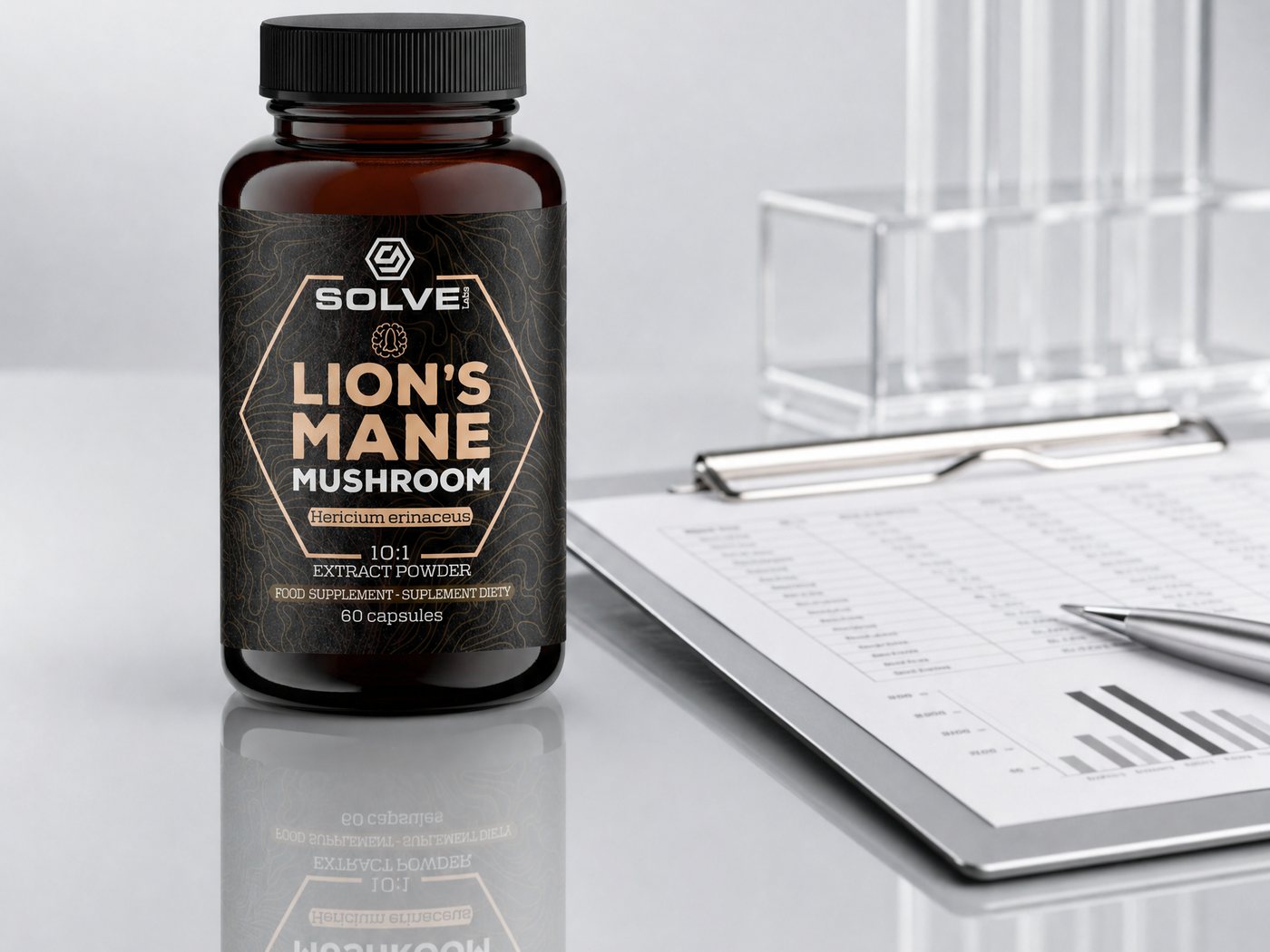 The Lion's Mane jar on a lab bench beside a printed laboratory report