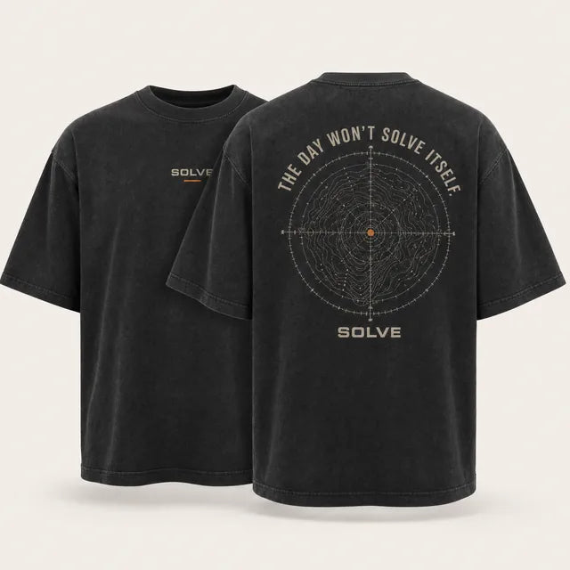 The Day Won’t Solve Itself Tee in washed black, back and front