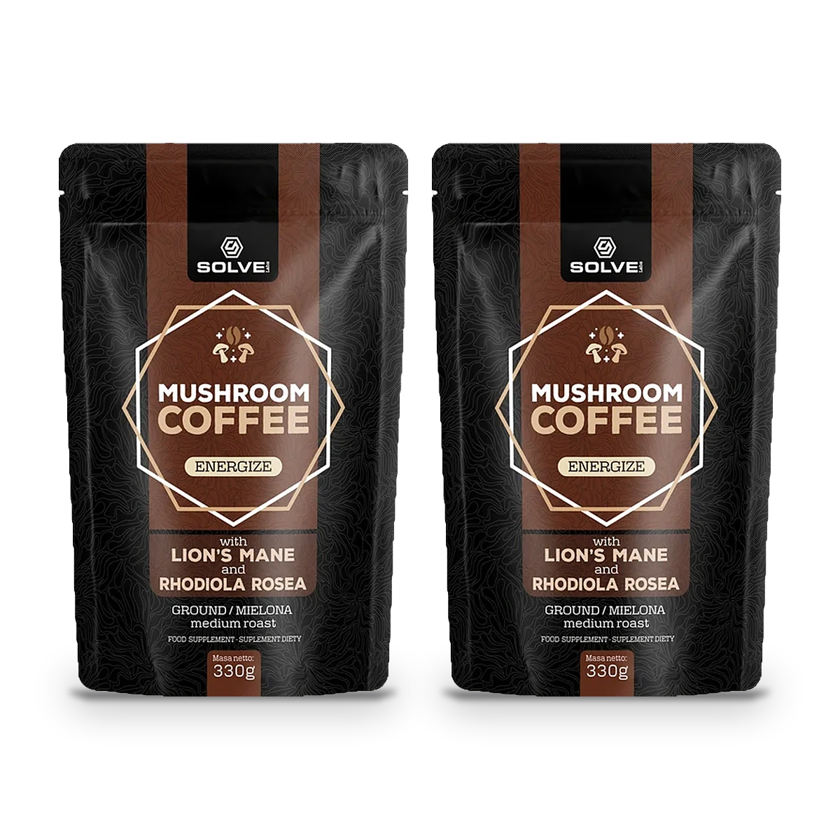 Two Solve Labs Mushroom Coffee bags side by side