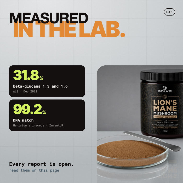 Measured in the lab: beta-glucans 31.8%, DNA match 99.2% Hericium erinaceus, from accredited laboratories