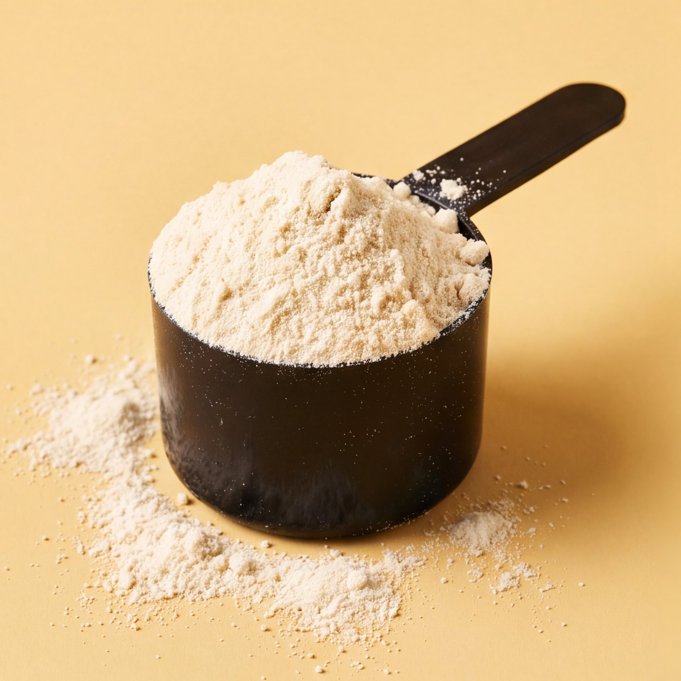 A black scoop heaped with pale protein powder