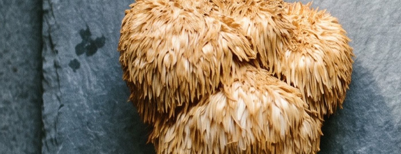 Un cuerpo fructífero entero de Melena de León, Hericium erinaceus, sobre pizarra gris