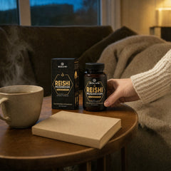 Une main pose des gélules de Reishi sur une table d’appoint le soir, à côté d’une tasse de thé et d’un livre