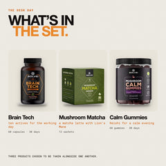What is in the set: Mushroom Matcha, Brain Tech Focus Capsules and Calm Reishi Gummies