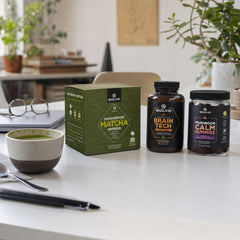 Les trois à la maison : Matcha aux champignons, Brain Tech (nootropique) et Gummies Calm au Reishi