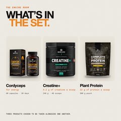 What is in the set: Pure Cordyceps Capsules, Mushroom Plant-Based Protein and Creatine+