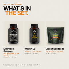 What is in the set: Mushroom Complex Capsules, Vitamin D2 from Shiitake 2000 IU and Complete Green Superfoods