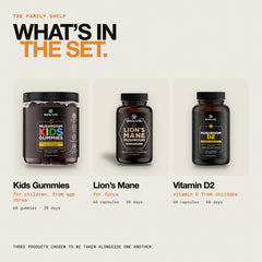 What is in the set: Kids Mushroom Gummies, Pure Lion's Mane Capsules and Vitamin D2 from Shiitake 2000 IU