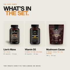 What is in the set: Pure Lion's Mane Capsules, Vitamin D2 from Shiitake 2000 IU and Mushroom Cacao