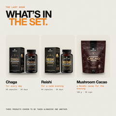 What is in the set: Pure Reishi Capsules, Mushroom Cacao and Pure Chaga Capsules