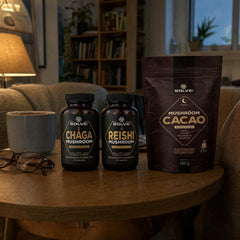 Les trois à la maison : Reishi pur – gélules, Cacao aux champignons et Chaga pur – gélules