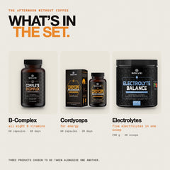 What is in the set: Pure Cordyceps Capsules, Complete B-Complex and Electrolytes