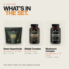What is in the set: Mushroom Complex Capsules, Shilajit Complex and Complete Green Superfoods