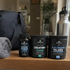 Les trois à la maison : Shroom Force (pre-workout), Creatine+ et Électrolytes