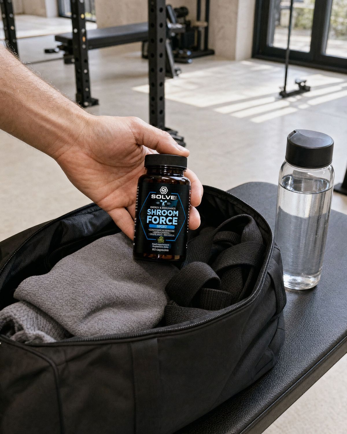 A hand lowering the jar into a gym bag