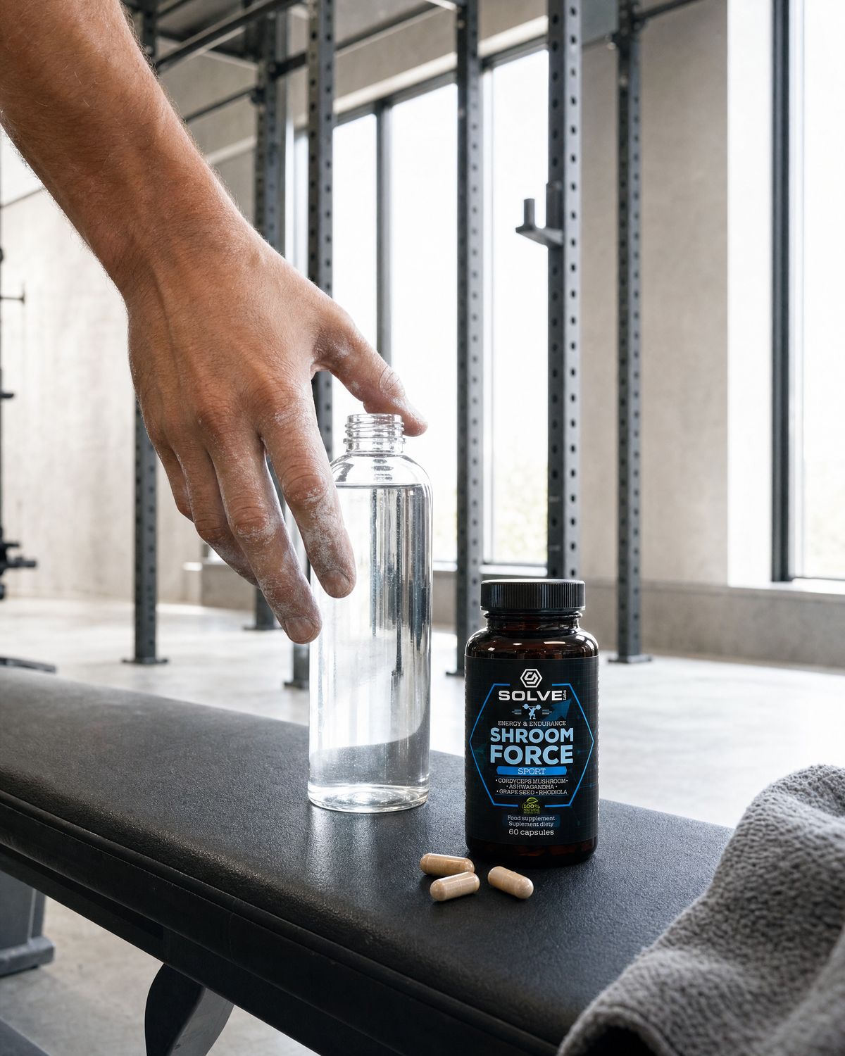 A hand reaching for a bottle of water on a gym bench beside the jar and three tan capsules