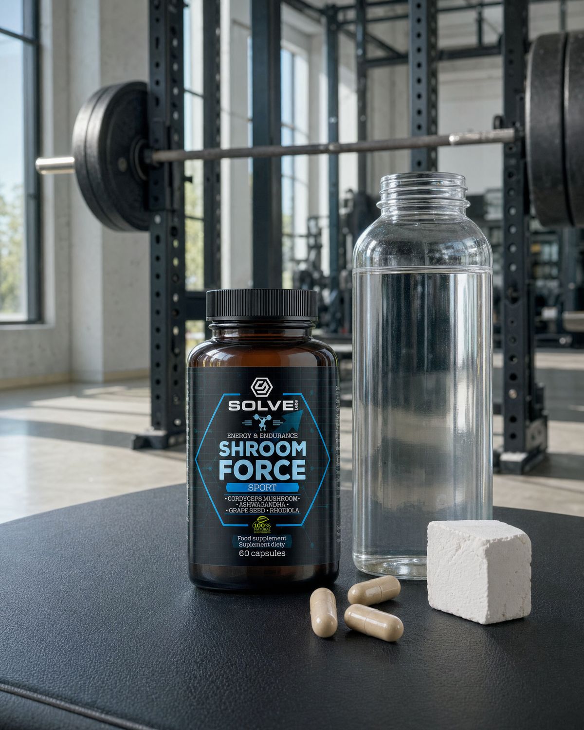 The jar of Solve Labs Shroom Force on a gym bench with three tan capsules and a bottle of water