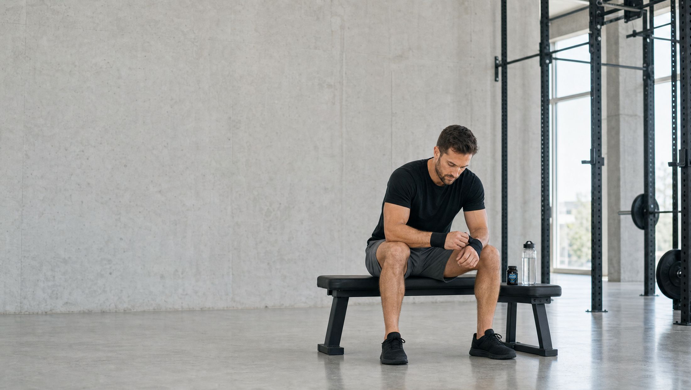 A man sitting on a bench in a bright gym before training, a bottle of water and the jar of Solve Labs Shroom Force beside him