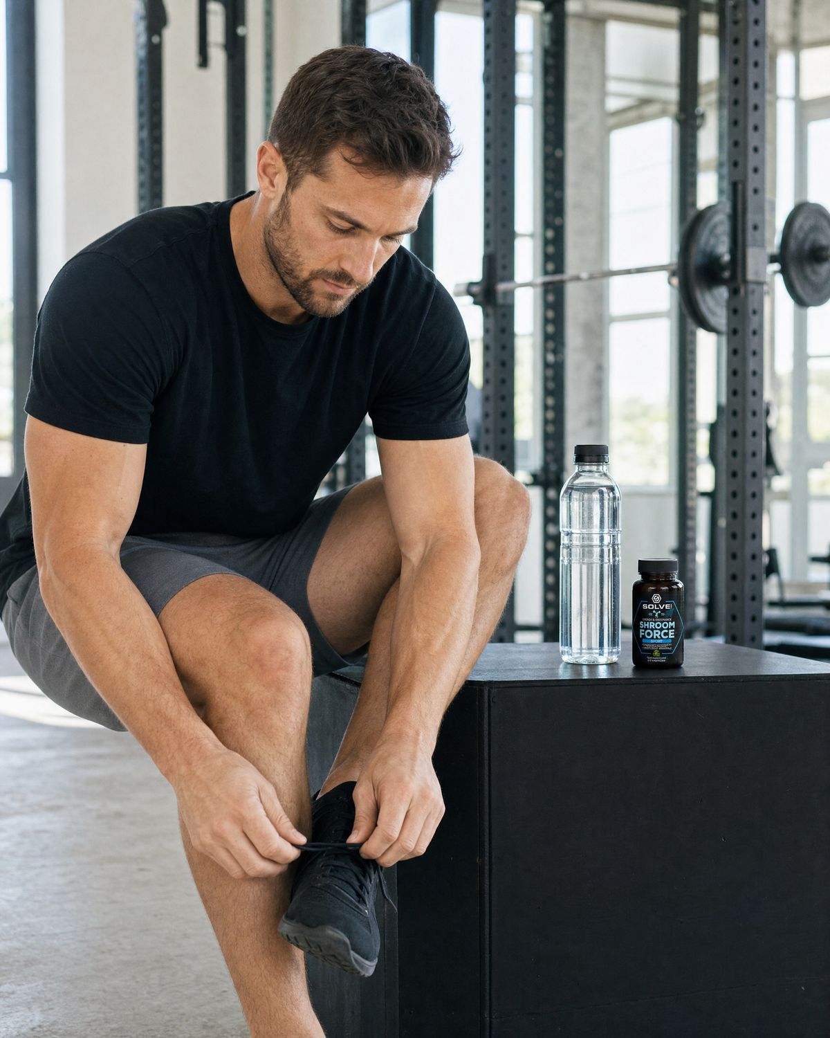 A man tying his shoe on a box in a bright gym, a bottle of water and the jar beside him