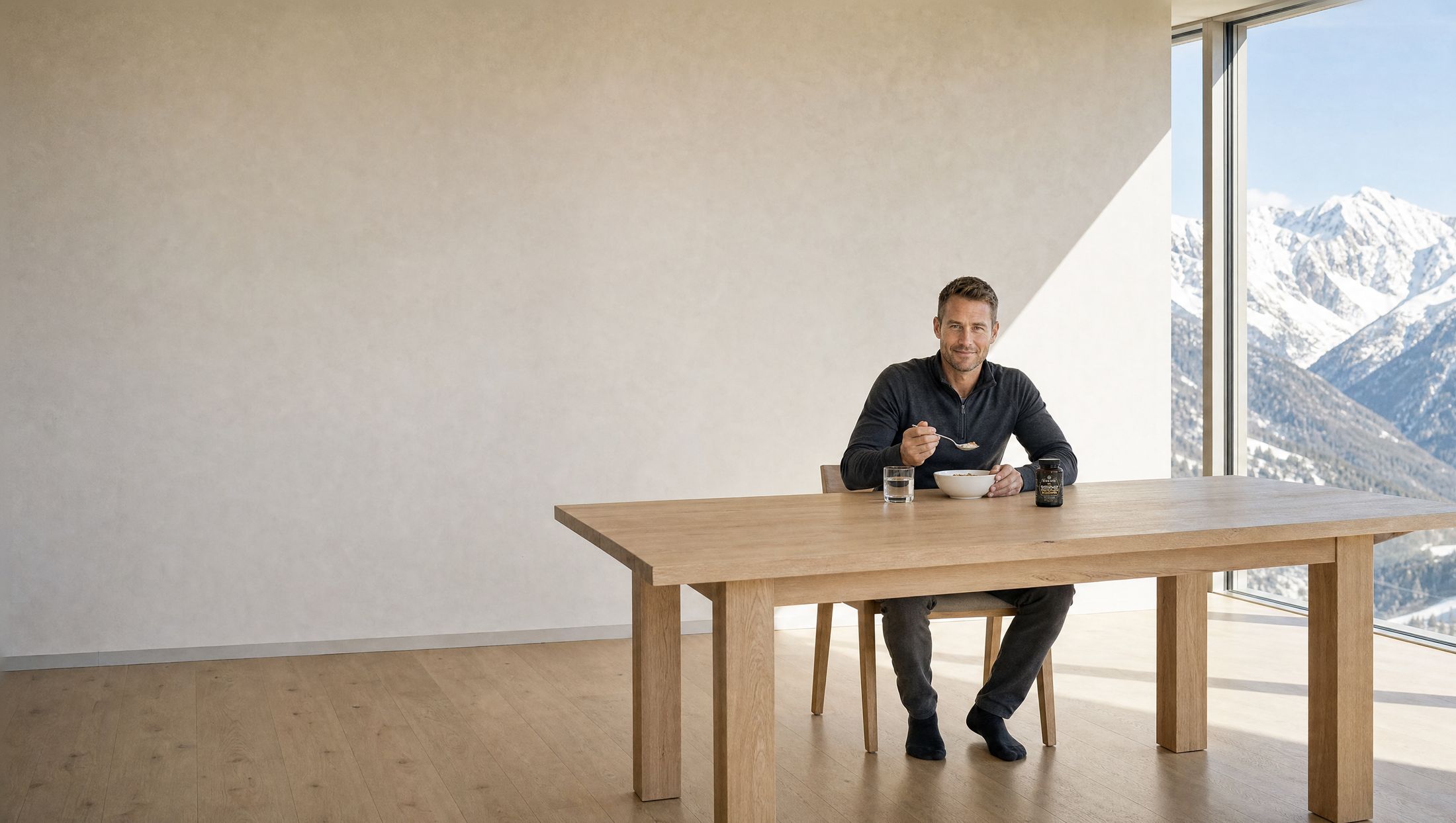 A man at breakfast at an oak table in a bright modern mountain house, a glass of water and the jar of Solve Labs Shilajit Complex beside his bowl