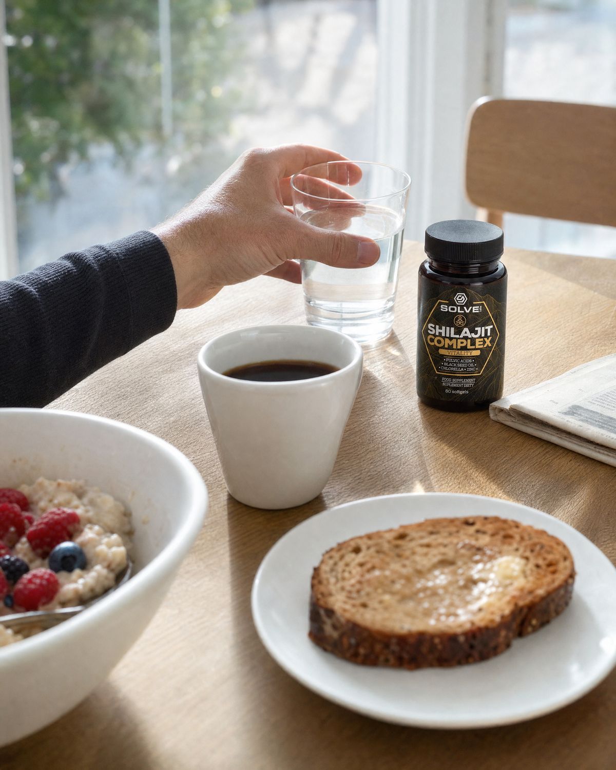 A hand reaching for a glass of water on an oak table beside a bowl of porridge and the jar
